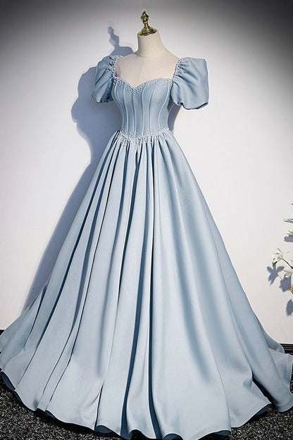 A Line Puff Sleeve Blue Satin Pearl Long Prom Dress Evening Dress DP1102