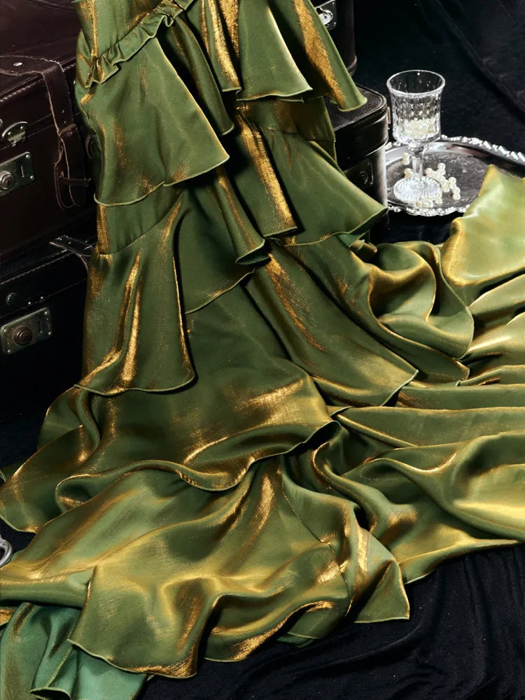 Pretty A Line Spaghetti Strap Tiered Green Satin Prom Dress Evening Dress DP1747