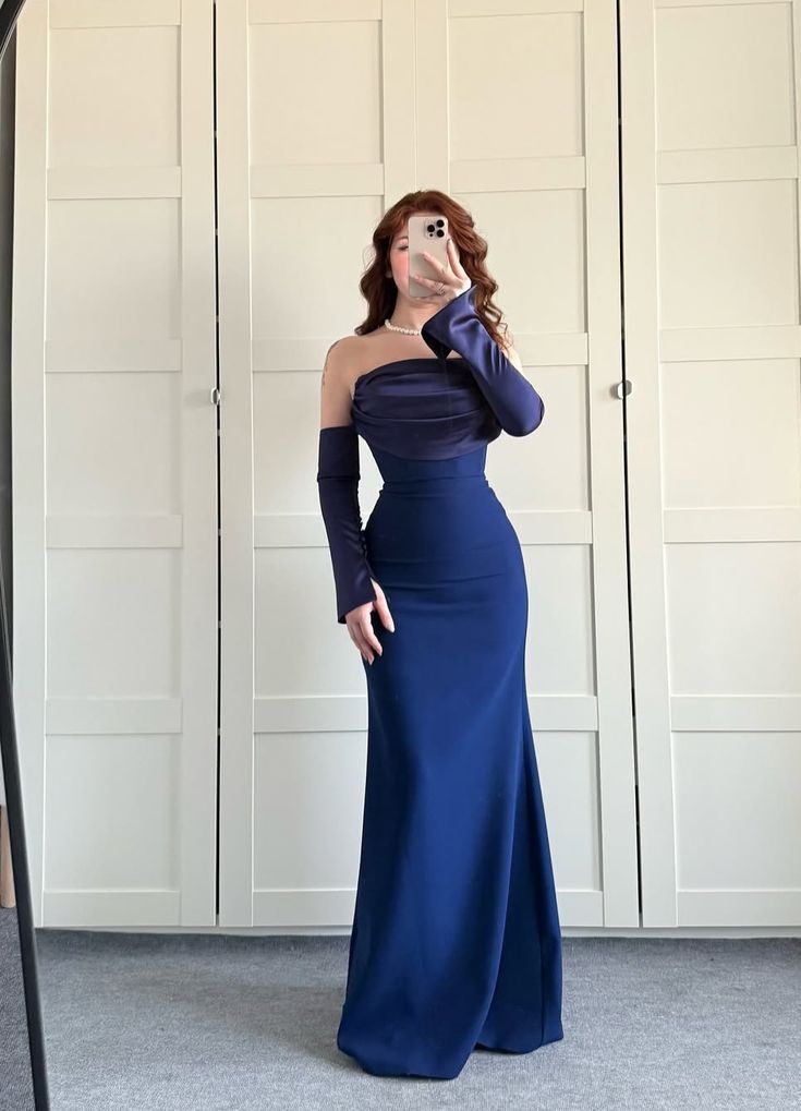 Cute Navy Blue Mermaid Long Sleeve Satin Prom Dress Evening Dress DP6723