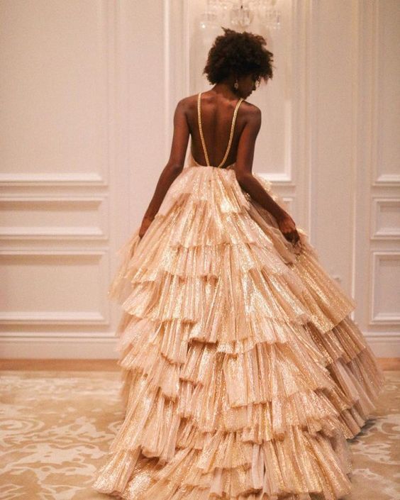 Golden Ball Gown V Neck Layered Tulle Backless Long Prom Dress Formal Dress DP3334