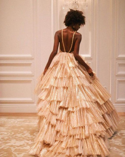 Golden Ball Gown V Neck Layered Tulle Backless Long Prom Dress Formal Dress DP3334