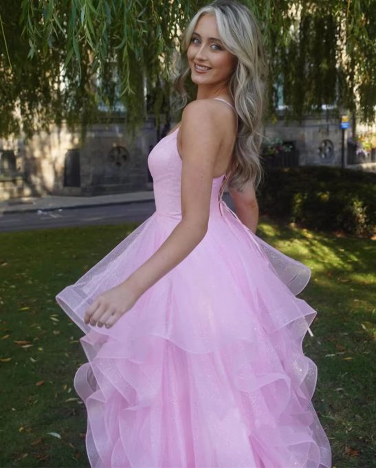 Pink A Line Spaghetti Strap Ruffle Organza Backless Long Prom Dress Evening Dress Formal Dress DP3272