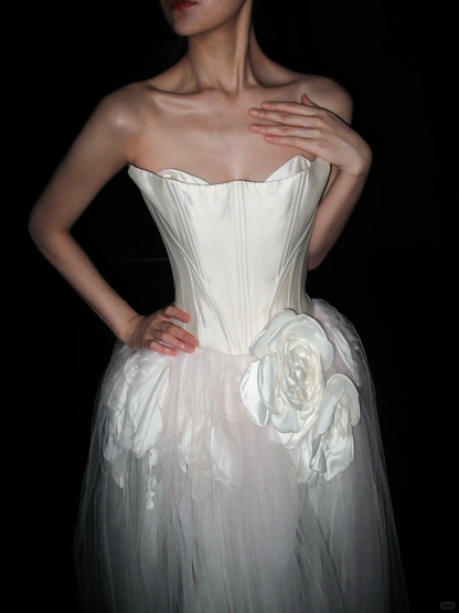 Unique A Line Strapless 3D Floral White Satin Tulle Long Wedding Dress DP5796