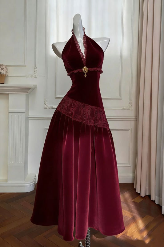 Vintage A Line V Neck Burgundy Lace Velvet Long Prom Dress Evening Dress DP4742