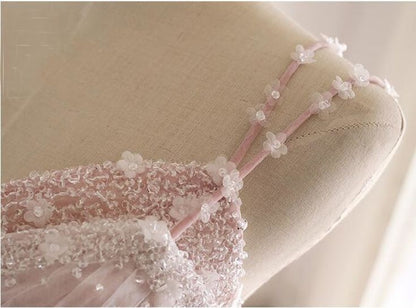 Light Pink A Line Beaded Appliques Tulle Prom Dress Evening Dress DP973