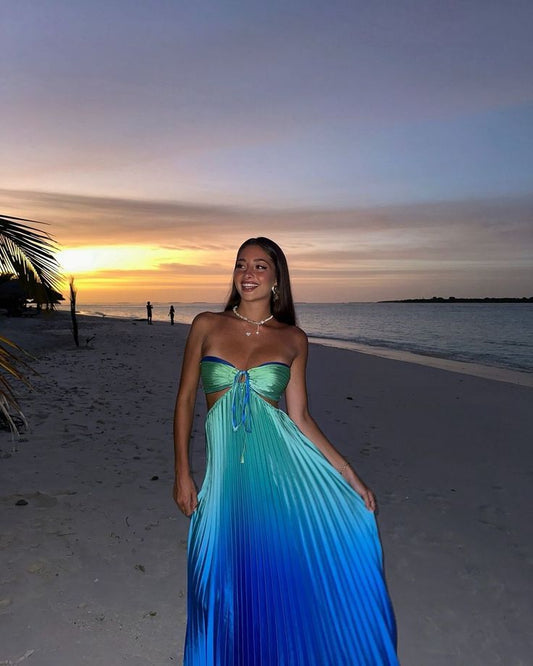 Blue Green Ombre A Line Strapless Pleated Satin Long Prom Dress Vacation Dress DP3940