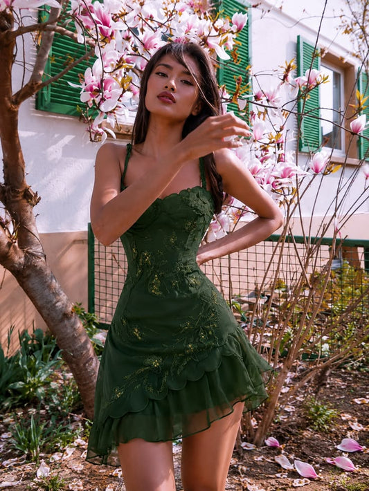 Dark Green A Line Straps Appliques Chiffon Short Prom Dress Homecoming Dress DP7430