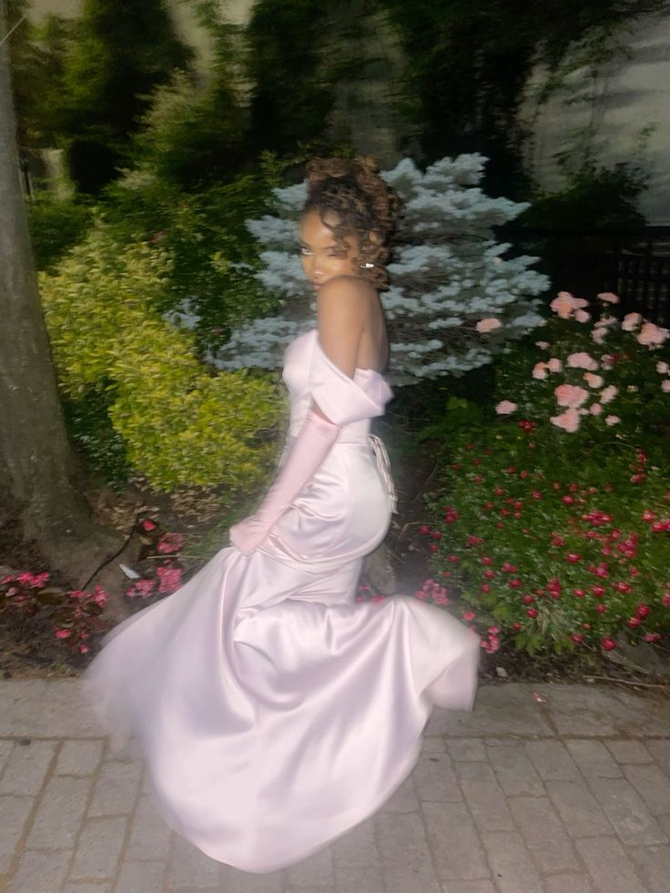 Pink Mermaid Off the Shoulder Beaded Satin Prom Dress Evening Dress with Slit DP3835