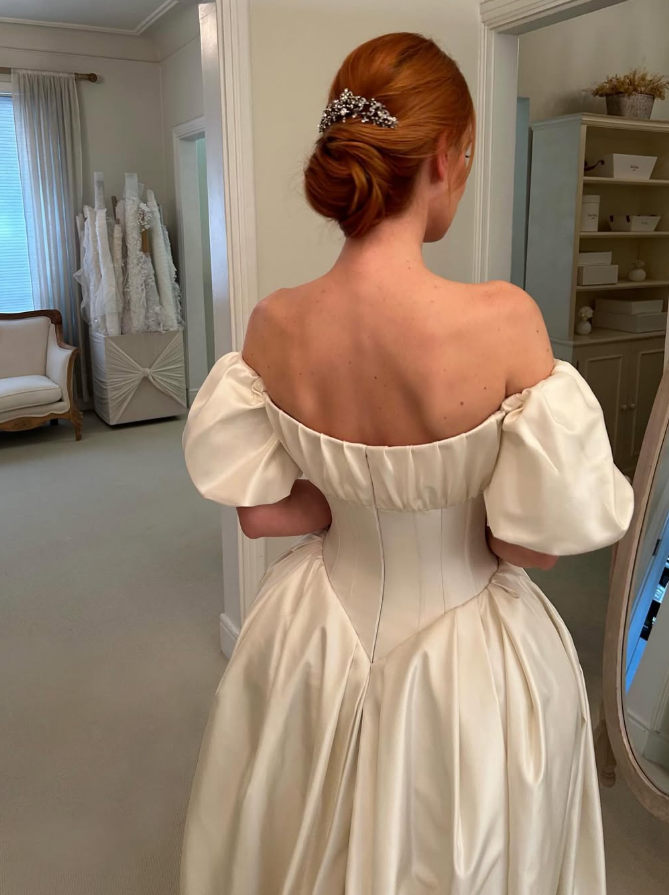 White Simple Elegant A Line Off the Shoulder Satin Long Wedding Dress DP4901