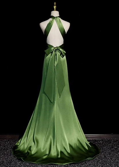 Green Satin Halter Long Evening Dress Slit Party Dress DP516