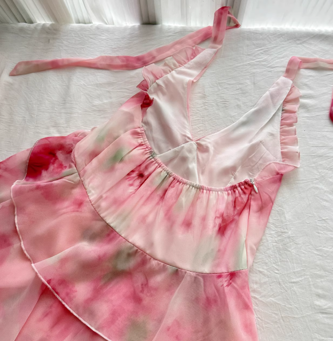 Pink A Line Halter Print Floral Layered Chiffon Vacation Dress Prom Dress Outfits DP3555