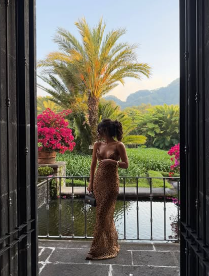 Sexy Sheath Spaghetti Straps Leopard Chiffon Open Back Long Evening Dress DP1422