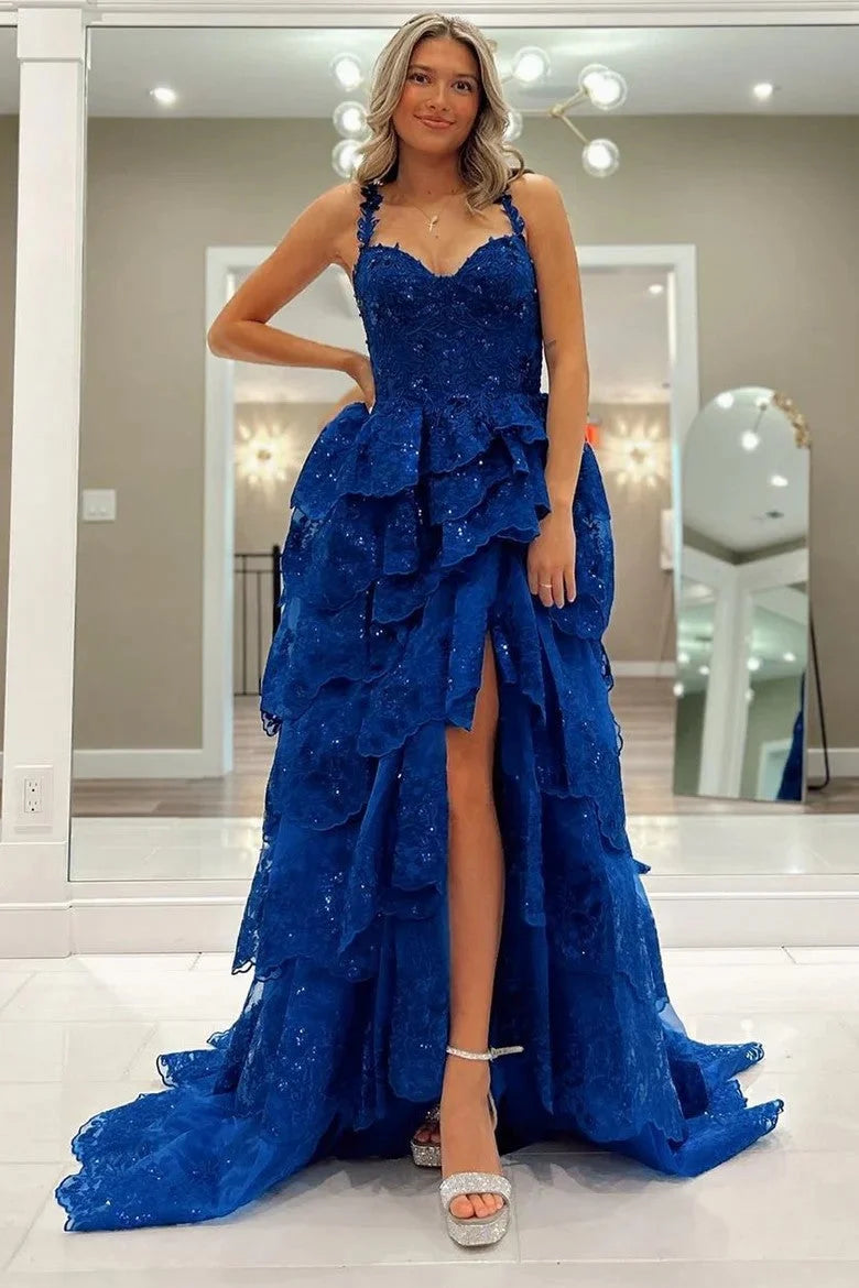 Royal Blue A Line Spaghetti Strap Appliques Layered Tulle Evening Dress Prom Dress DP7654