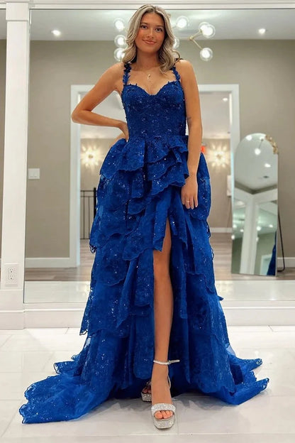 Royal Blue A Line Spaghetti Strap Appliques Layered Tulle Evening Dress Prom Dress DP7654