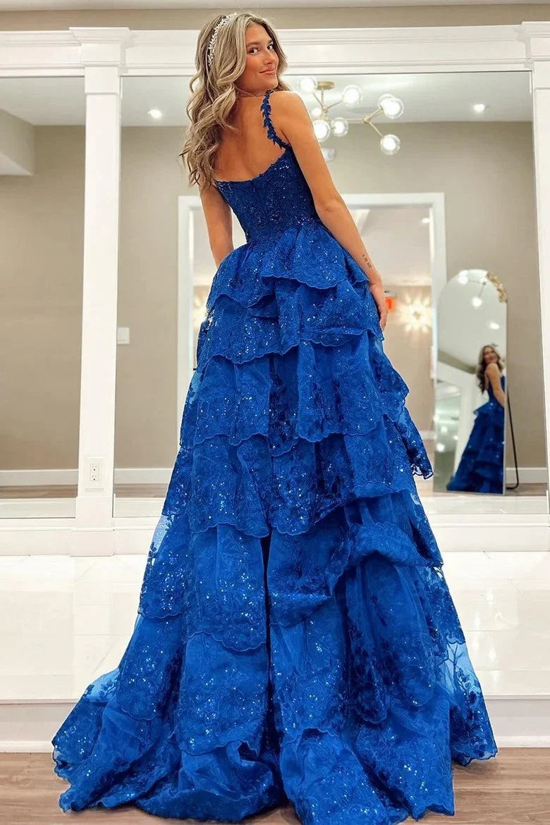 Royal Blue A Line Spaghetti Strap Appliques Layered Tulle Evening Dress Prom Dress DP7654
