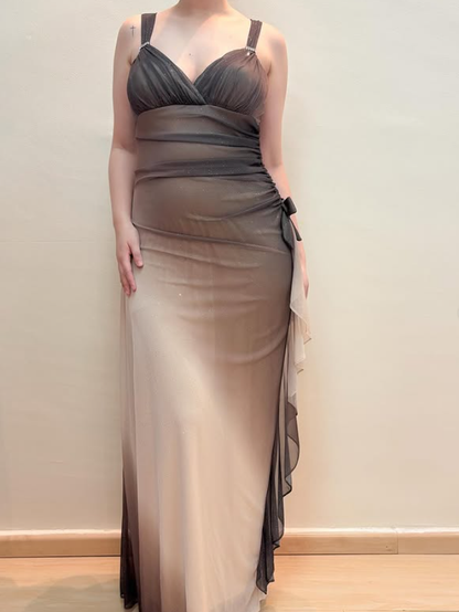 Vintage Brown Ombre Sheath Straps Ruffle Chiffon Prom Dress Evening Dress Date Dress DP5273