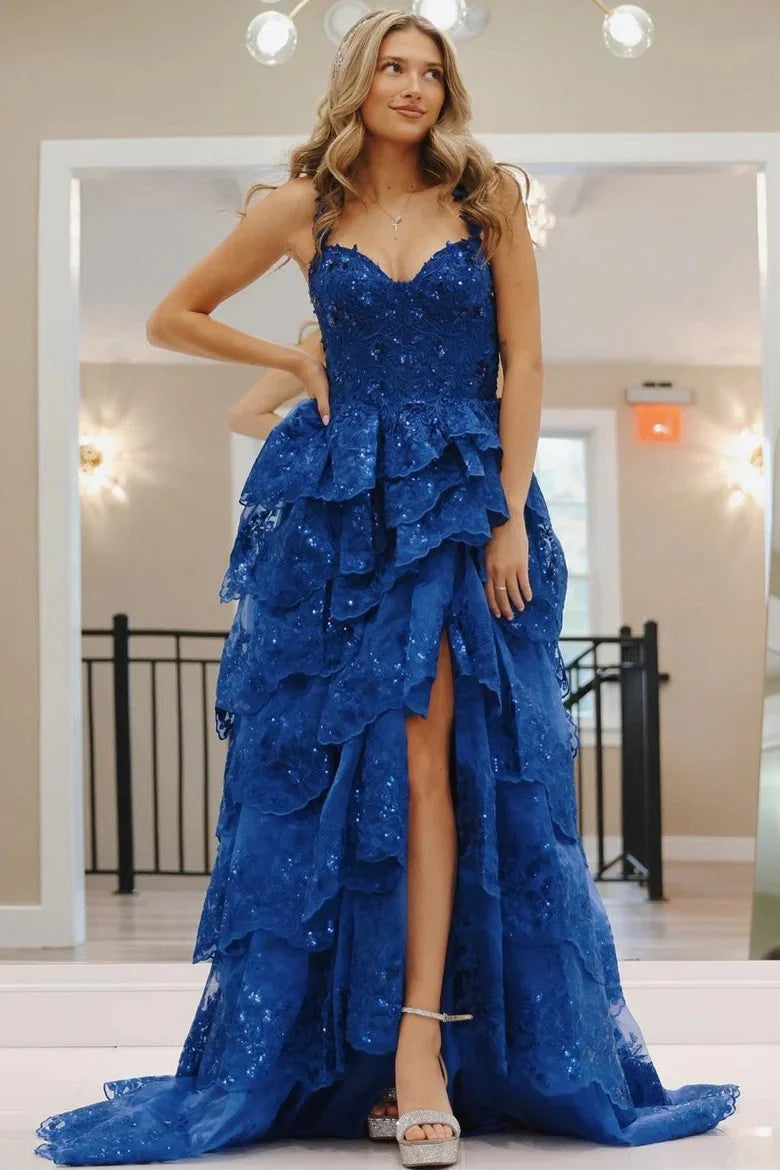 Royal Blue A Line Spaghetti Strap Appliques Layered Tulle Evening Dress Prom Dress DP7654