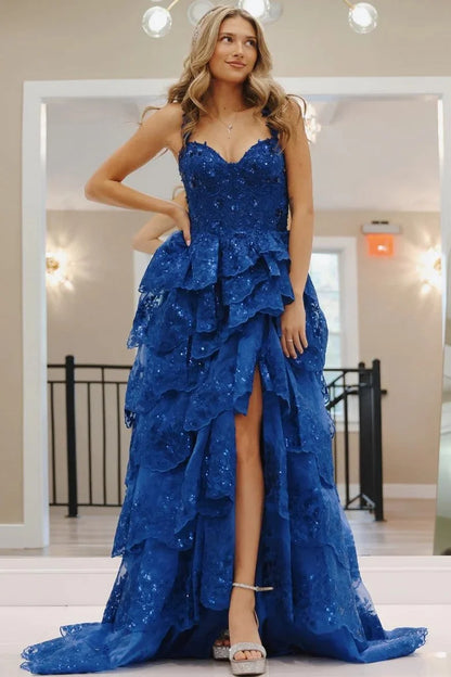 Royal Blue A Line Spaghetti Strap Appliques Layered Tulle Evening Dress Prom Dress DP7654