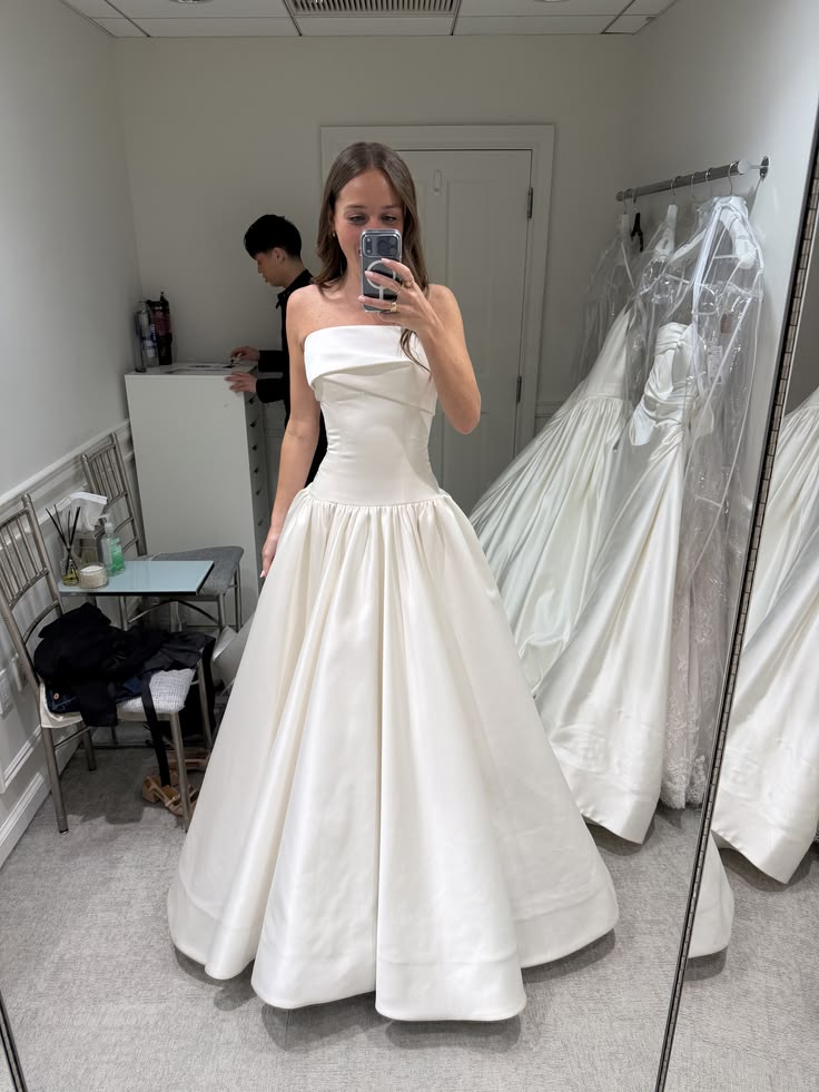 Simple A Line Strapless White Satin Long Wedding Dress DP7796