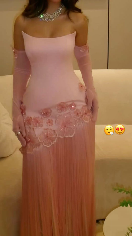 Gentle Pink Sheath Strapless Appliques Beaded Satin Long Prom Dress Wedding Guest Dress DP4083