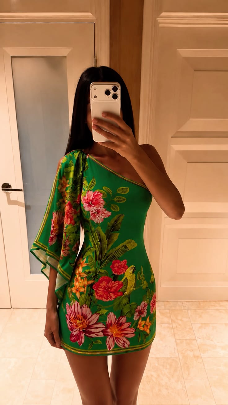 Stunning Green Print Sheath One Shoulder Chiffon Short Prom Dress Homecoming Dress DP7146