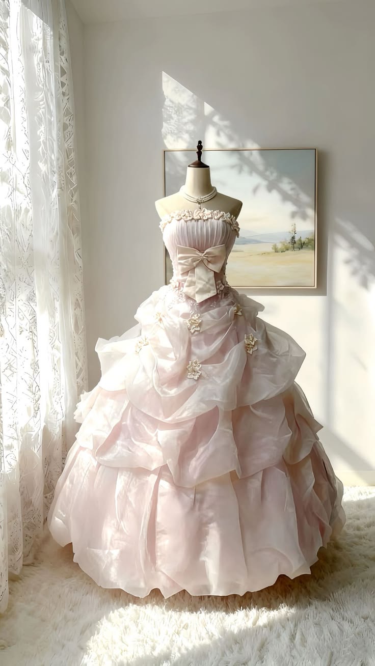 Sweety Ball Gown Strapless Appliques Light Pink Organza Prom Dress Evening Dress DP7506