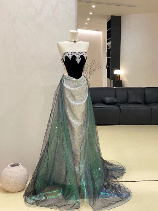 Classic A Line Strapless Beaded Silver Sequin Black Velvet Prom Dress Evening Dress DP3903