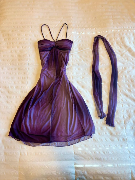 Purple Ombre A Line Halter Pleated Chiffon Open Back Homecoming Dress Outfits DP3119