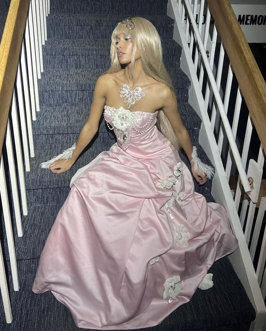 Pretty Ball Gown Strapless Pink Appliques Long Satin Prom Dresses Formal Evening Dress DP3021