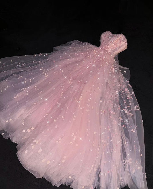 Romantic A Line Sweetheart Neck Flower Pink Tulle Long Prom Dress Evening Dress DP2059