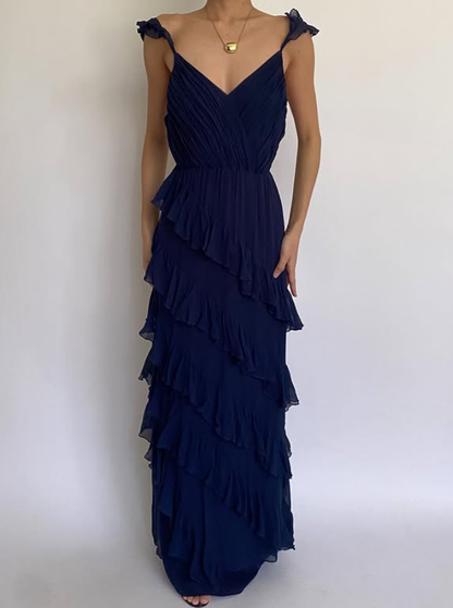 Navy Blue Sheath Spaghetti Strap Layered Chiffon Prom Dress Party Dress DP3687