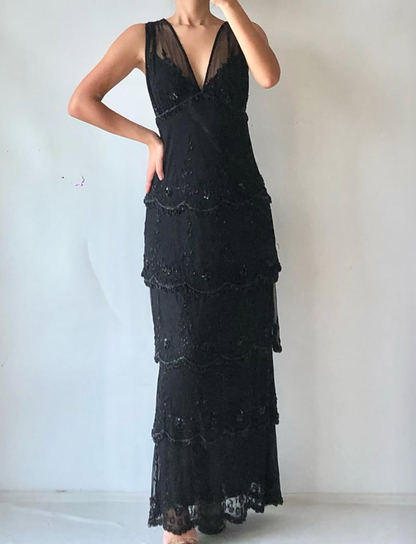 Vintage Sheath V Neck Beaded Tiered Black Chiffon Prom Dress Evening Dress DP1717
