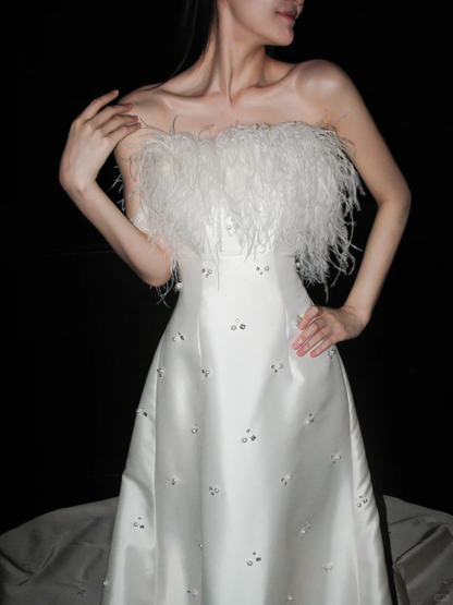 Sweety A Line Strapless White Feather Beaded Satin Long Wedding Dress DP5786