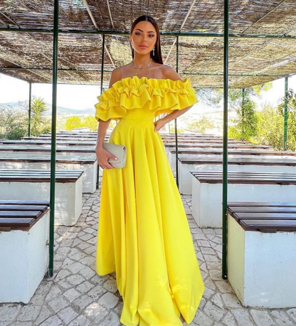 Charming A Line Off the Shoulder Yellow Satin Prom Dress Evening Dress DP1622