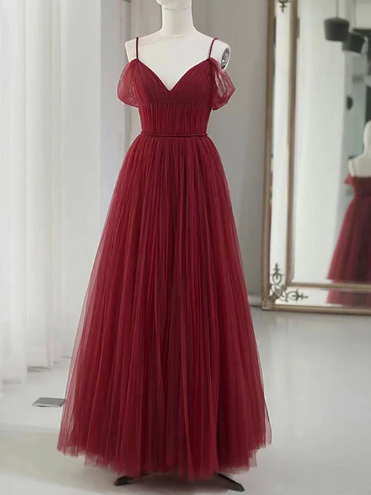 Simple Burgundy V Neck Tulle Long Prom Dress Bridesmaid Dress DP084