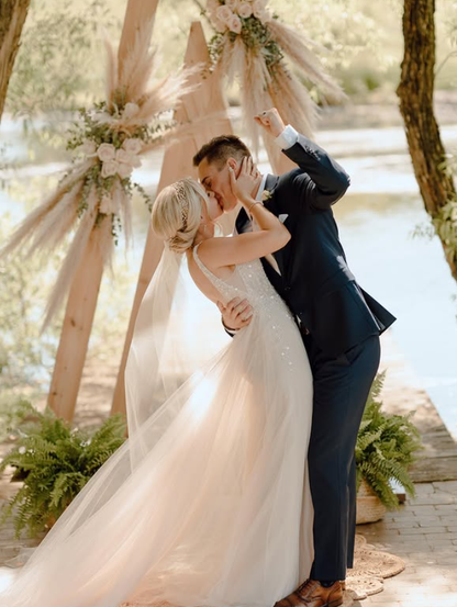 Cute A Line V Neck Beaded Tulle Long Wedding Dress DP6072