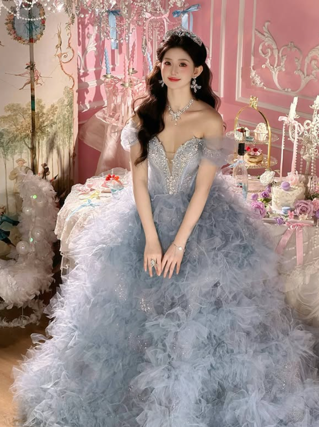 Stunning Blue Ball Gown Off the Shoulder Beaded Tulle Long Prom Dress DP4609