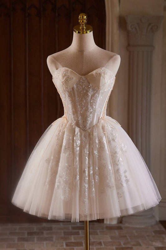 Cute A Line Sweetheart Neck Ivory Beads Tulle Short Homecoming Dresses DP1338