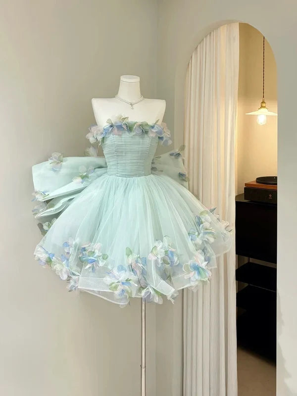 Dreamy Light Green A Line Straps 3D Floral Tulle Homecoming Dress Cocktail Dress DP7559