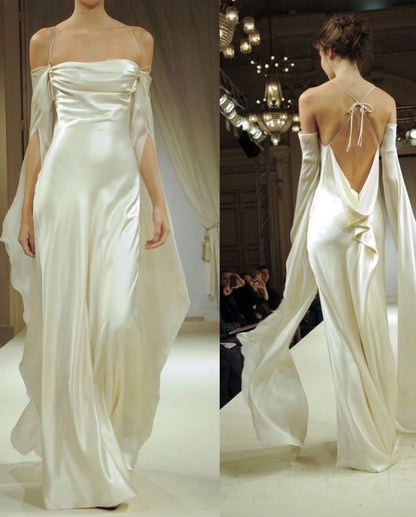 Ethereal A Line Spaghetti Strap White Chiffon Satin Backless Wedding Dress DP6853