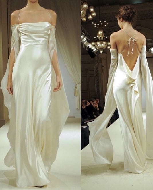 Ethereal A Line Spaghetti Strap White Chiffon Satin Backless Wedding Dress DP6853