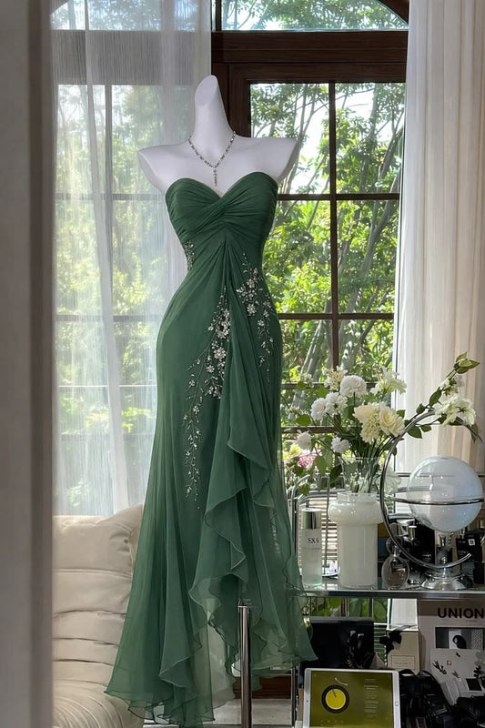Dark Green Mermaid Strapless Beaded Chiffon Long Prom Dress DP5088