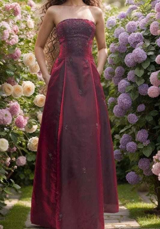 Retro Burgundy A Line Strapless Beaded Satin Prom Dress Party Dress DP3596