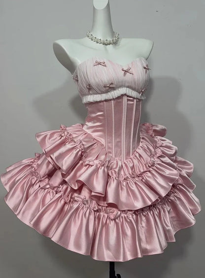 Cute Pink A Line Sweetheart Neck Bowknot Layered Satin Homecoming Dress Cocktail Dress DP7562