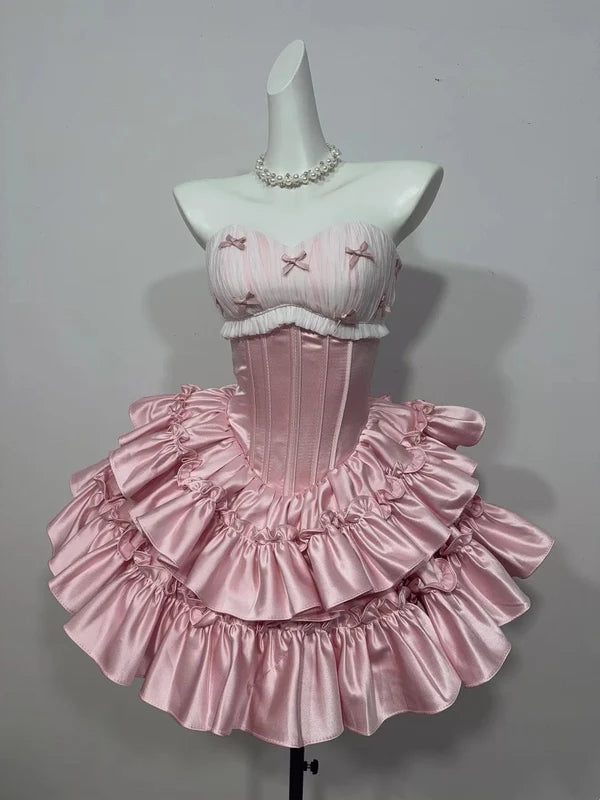 Cute Pink A Line Sweetheart Neck Bowknot Layered Satin Homecoming Dress Cocktail Dress DP7562