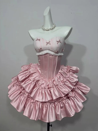 Cute Pink A Line Sweetheart Neck Bowknot Layered Satin Homecoming Dress Cocktail Dress DP7562