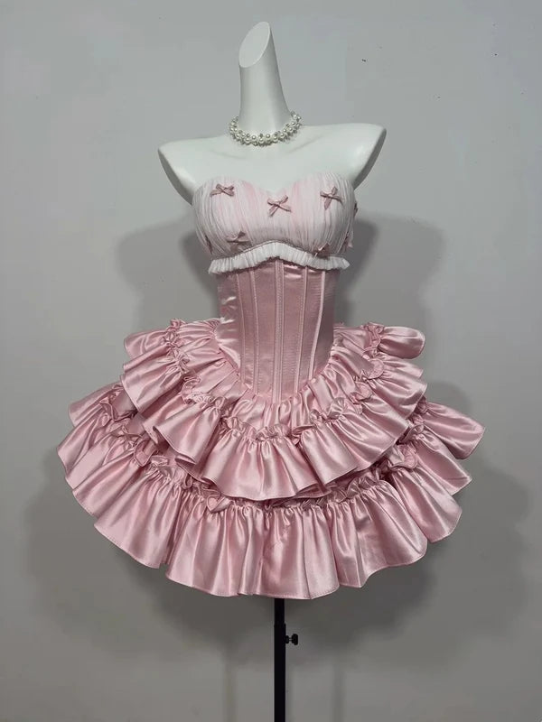 Cute Pink A Line Sweetheart Neck Bowknot Layered Satin Homecoming Dress Cocktail Dress DP7562