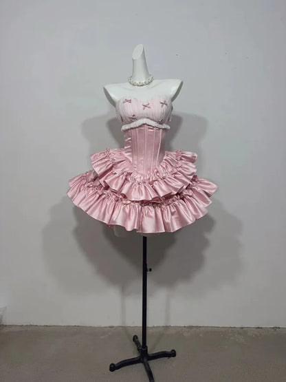 Cute Pink A Line Sweetheart Neck Bowknot Layered Satin Homecoming Dress Cocktail Dress DP7562