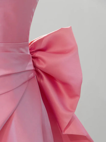 A Line Sweetheart Neck Pink Bow Satin Long Prom Dress Formal Dress DP1179