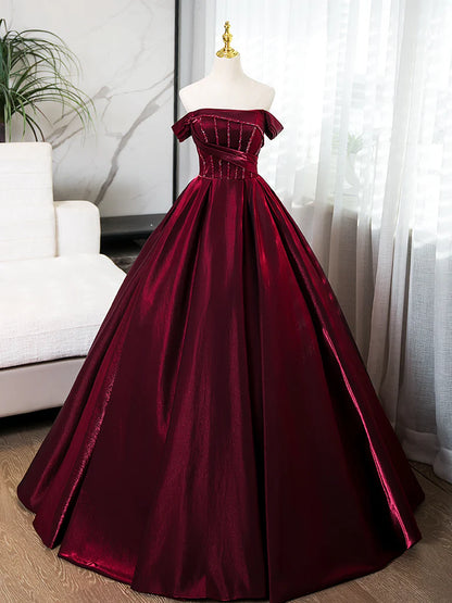 A Line Off-the-shoulder Satin Burgundy Long Prom Dress Evening Dress with Beads DP1045